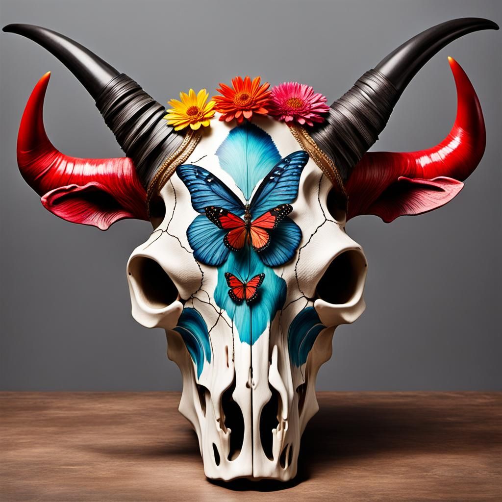 Cow Skull with Butterflies and Paint, Neo-Traditional Style