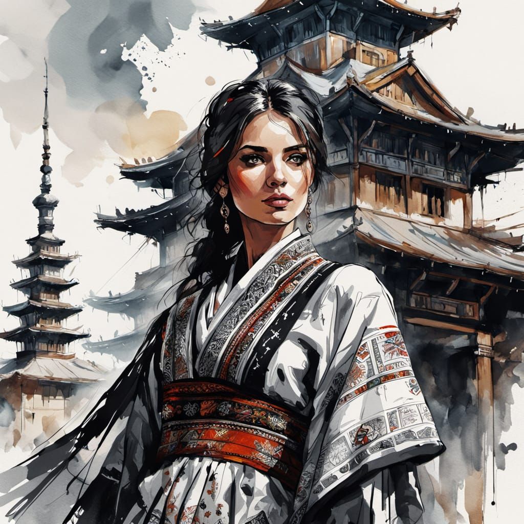 Bulgarian Woman in Traditional Attire, Ink Painting Style