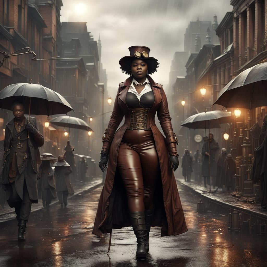 Steampunk Woman in a Rainy City