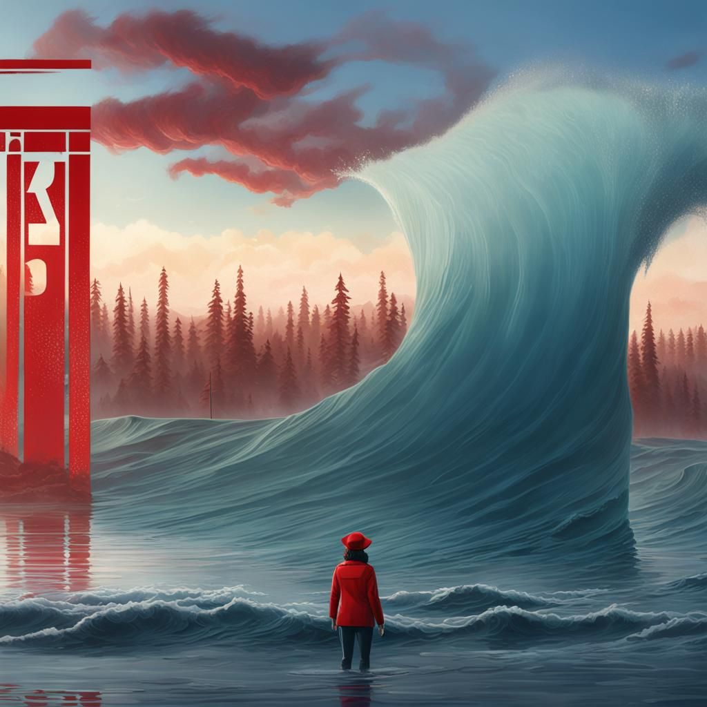 Kamala Harris in Red Ocean Wave, Digital Art