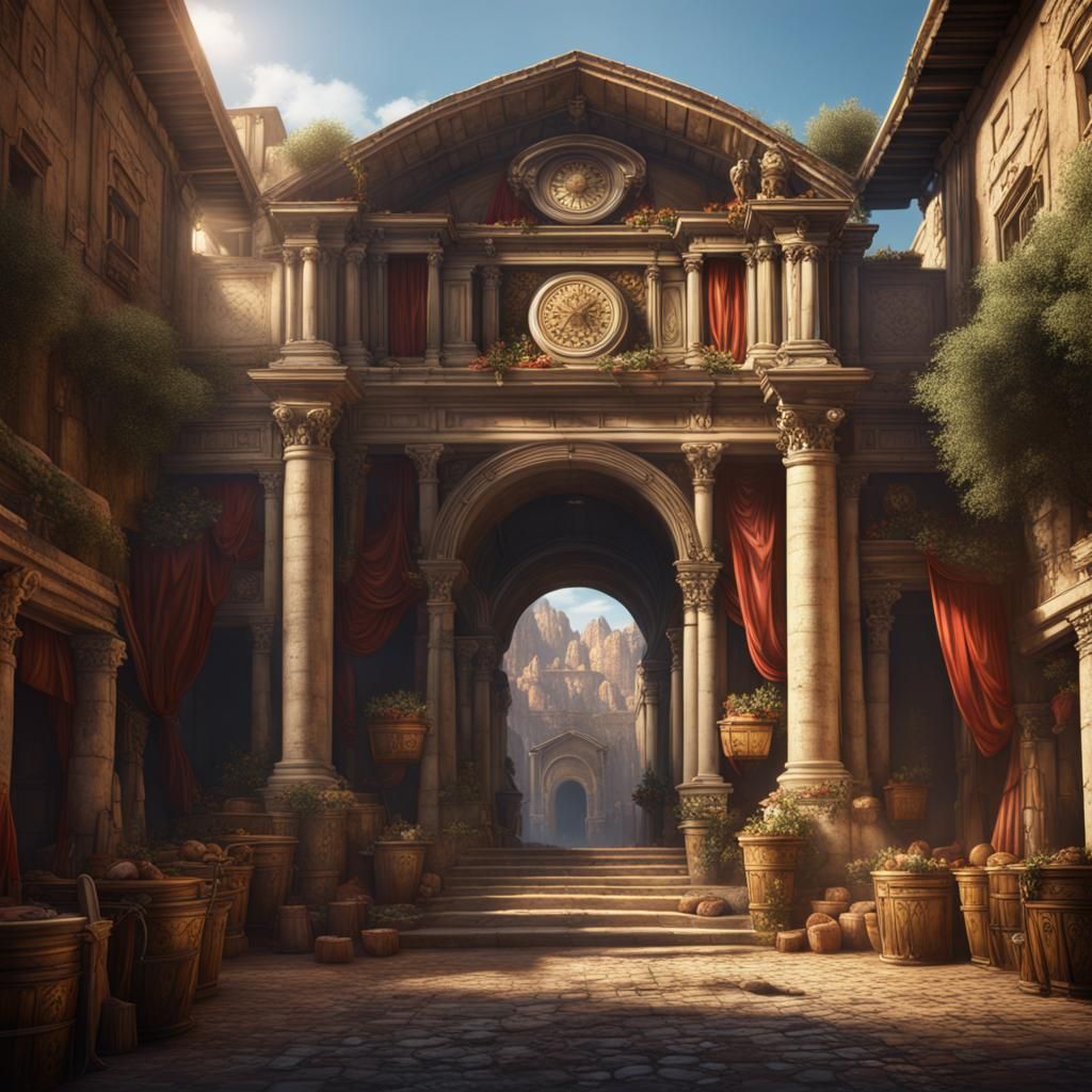 Roman Market Grand Entrance: Detailed Matte Painting