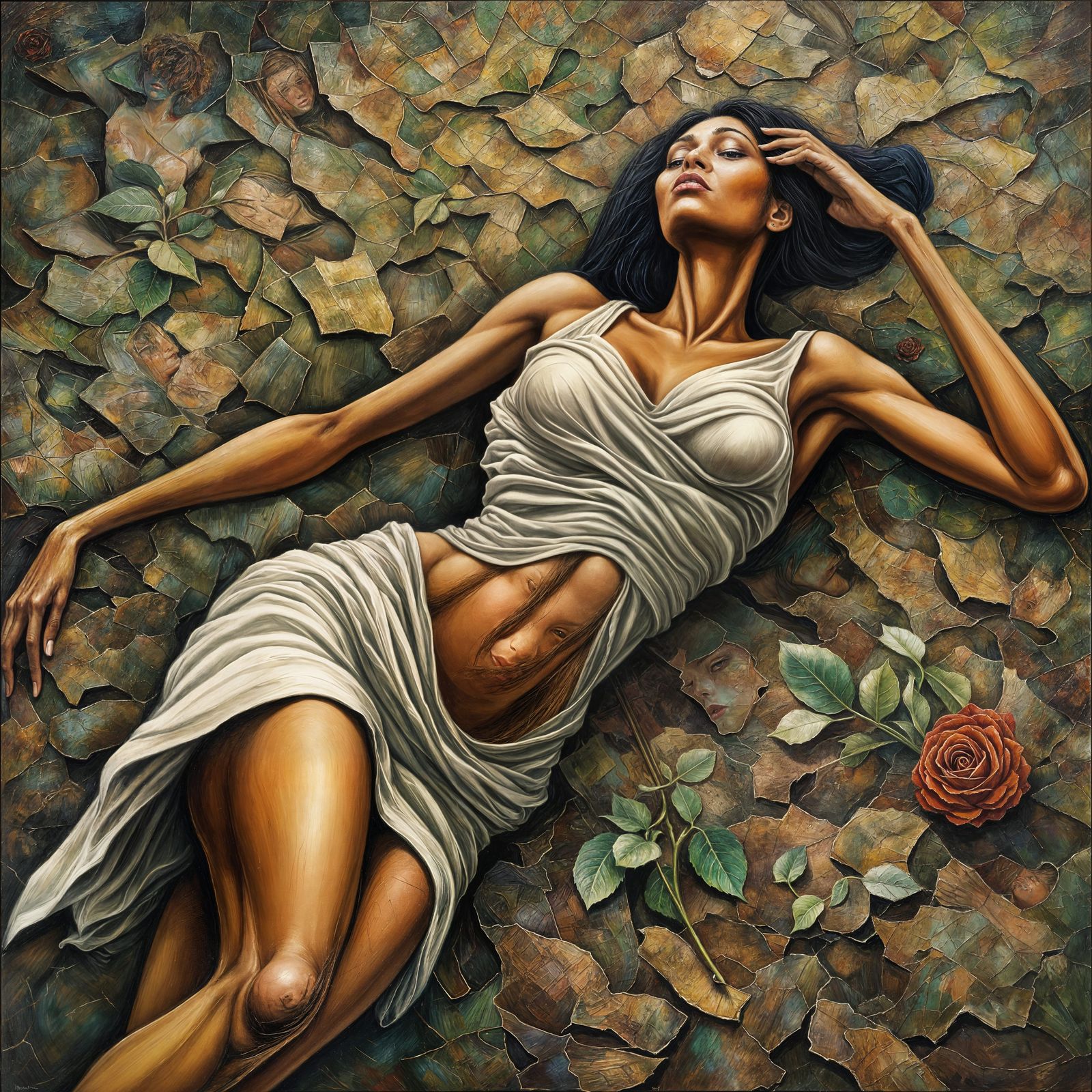 Mud-Covered Woman with Rose in Expressionist Oil Painting