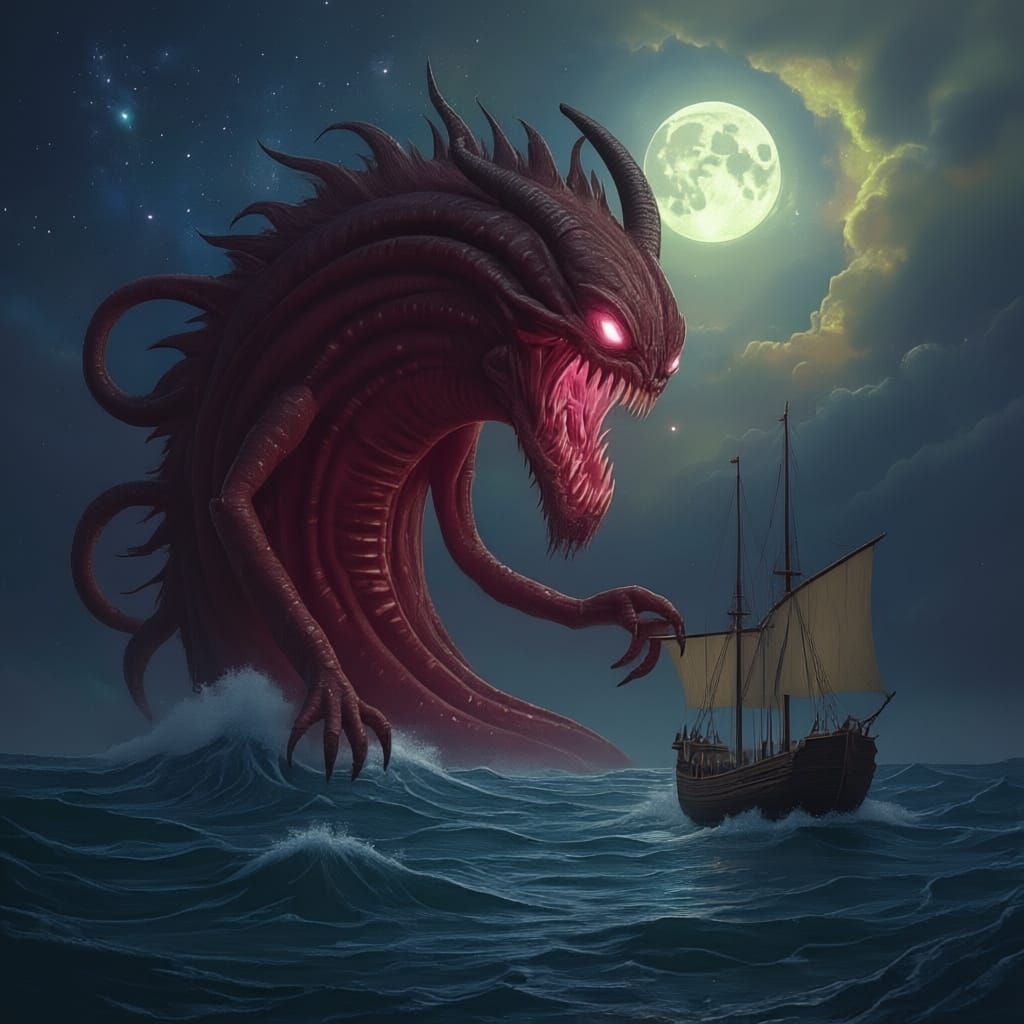 Giant Alien Sea Monster Attacks Ship at Night
