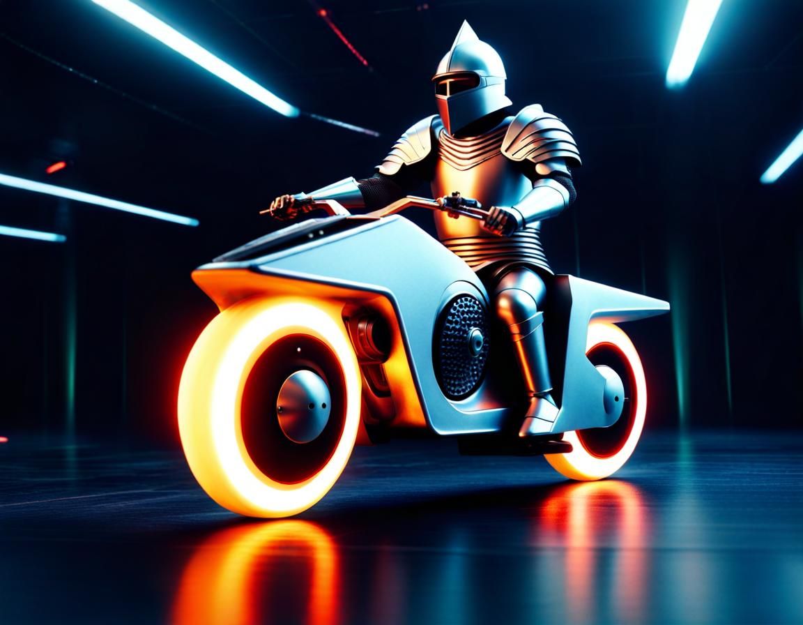 Medieval Knight on Futuristic Laser Motorcycle