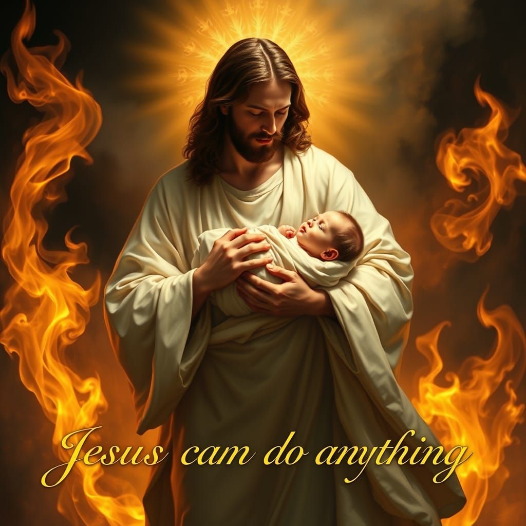 Jesus Cradling Baby Amidst Golden Flames