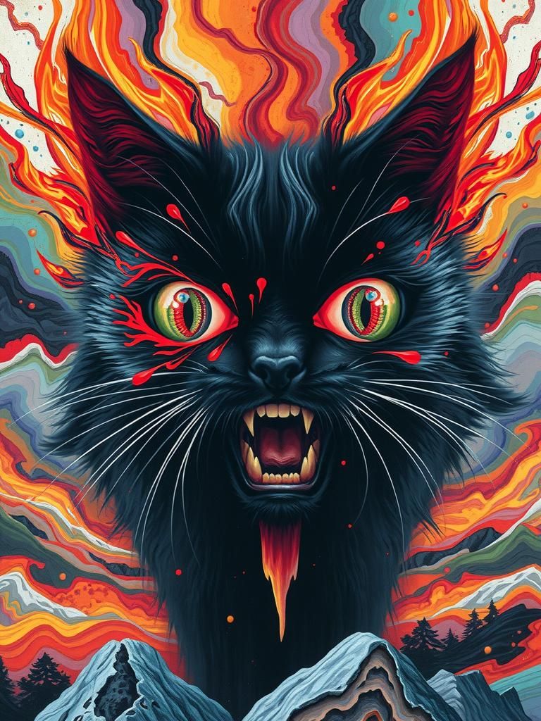 Exploding Black Cat: Surreal Psychosomatic Painting