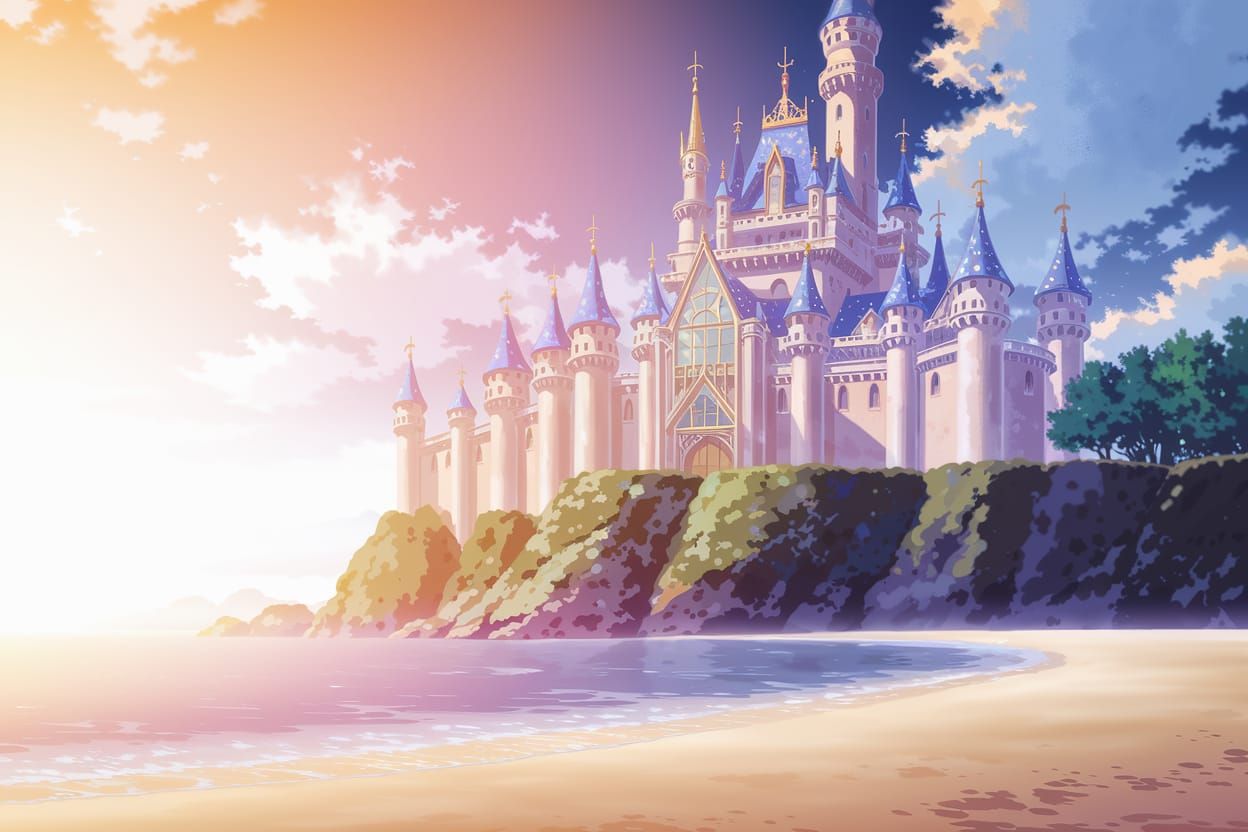 Majestic Ivory Castle at Sunset Beach in Anime Style