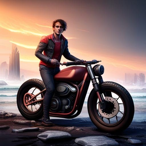 Young Superhero on Scrambler Bike: Detailed Matte Painting