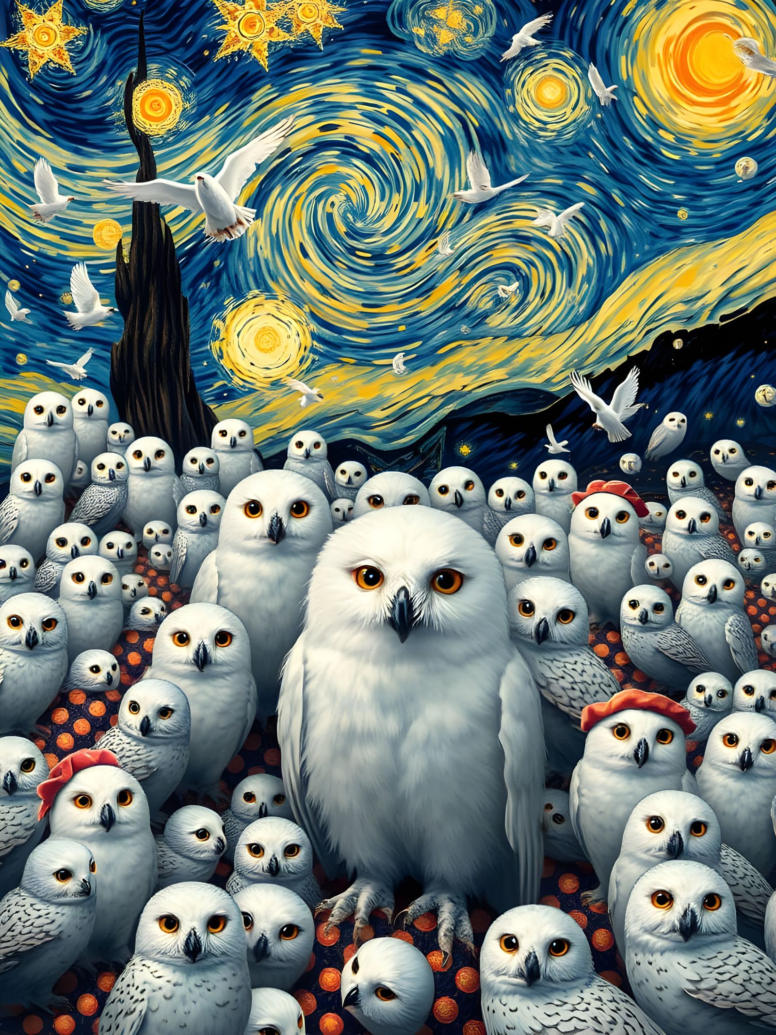Surreal Owl World Inspired by Van Gogh and Kusama
