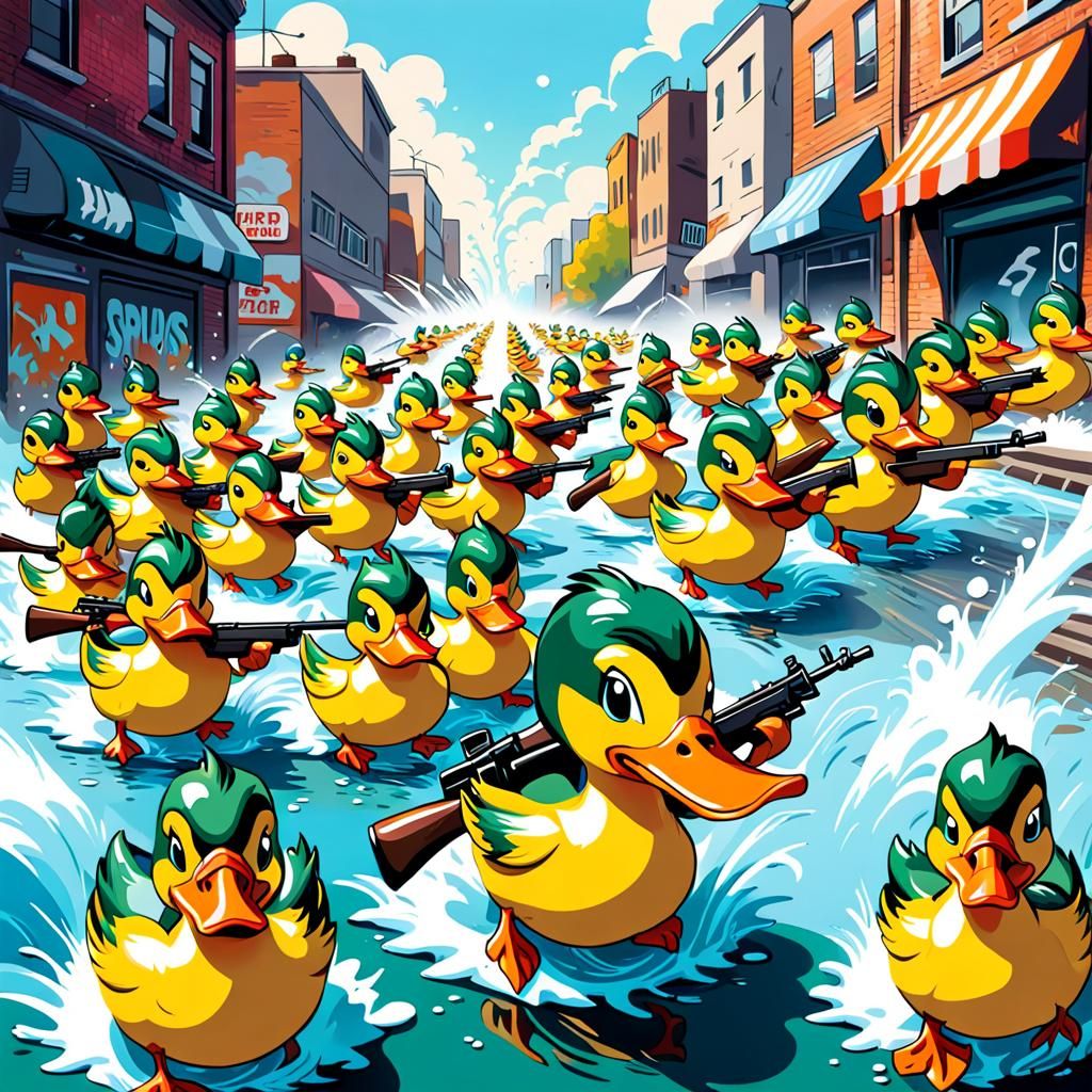 Army of ducks running through water shooting rifles. graffiti art, splash art, street art, spray paint, oil gouache melt...
