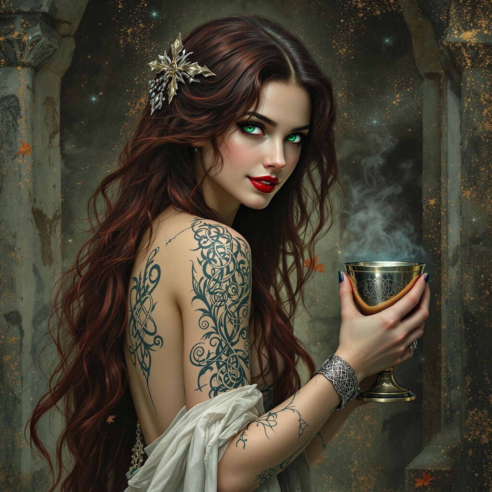 Celtic Priestess with Emerald Eyes in Pre-Raphaelite Style