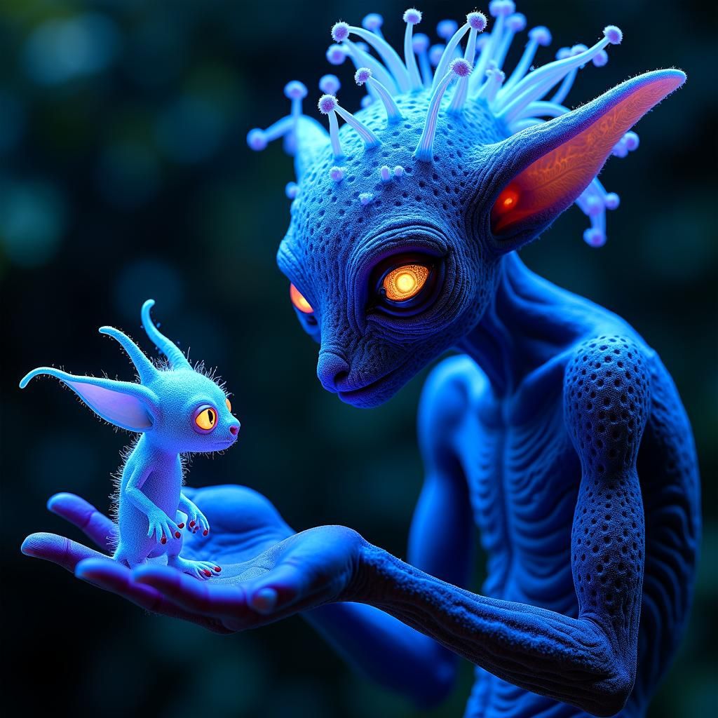 Friendly Alien with Gremlin Toy in Bioluminescent Jungle