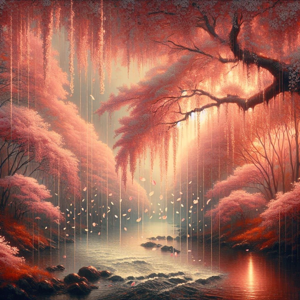 Cherry Blossom Tree by River: Digital Matte Painting