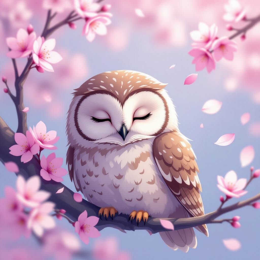 Dreamy Minimalist Owl Amidst Cherry Blossoms