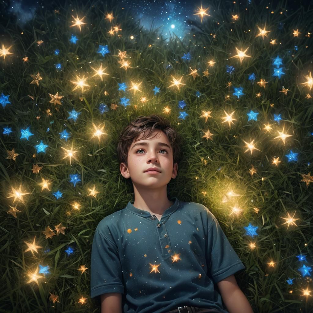 Boy with Sparkling Eyes Stargazing: Fantasy Art