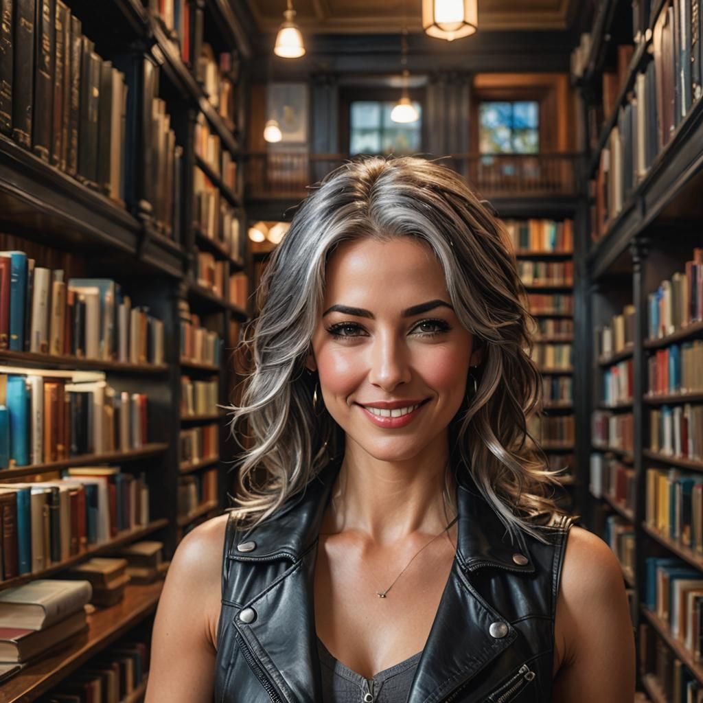 Beautiful Woman in Library, Hyperrealistic Digital Art