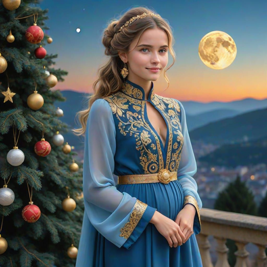 Christmas Tree in Winter Wonderland Scene with Young Couple