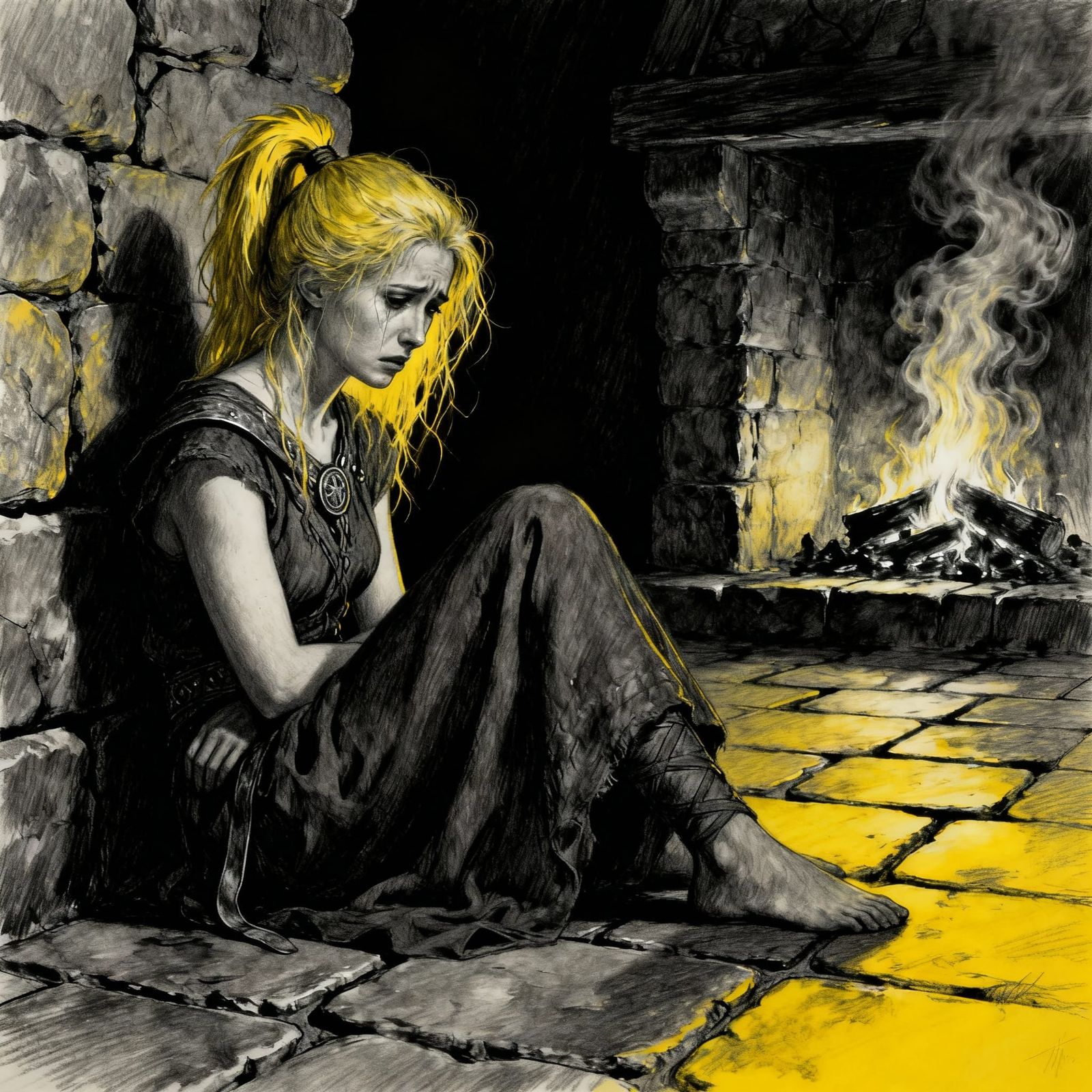 Norse Goddess Charcoal Portrait With Smoky Embers