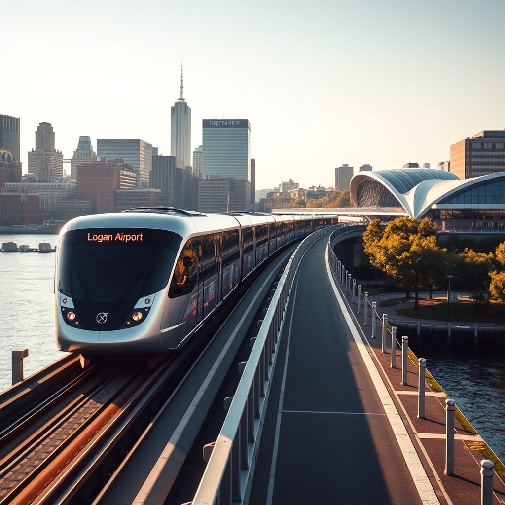 Boston Cityscape with Elevated Tram and Bike Lane in Futuris...