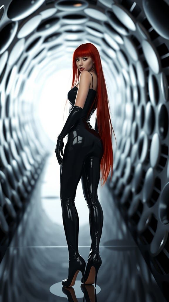 This image features a striking female with very long red hair clad in a form-fitting black latex suit, accentuating her ...