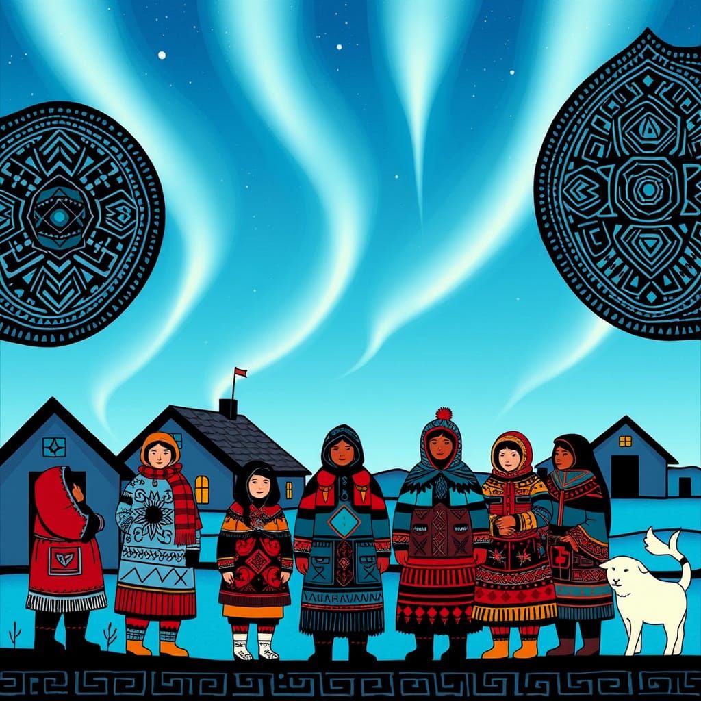 Inuit Village Xylograph Scene in Dreamlike Quality