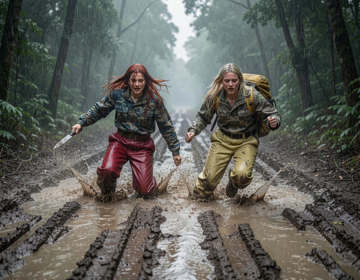 Rainforest Survival Scene: Women Fall into Muddy Rut