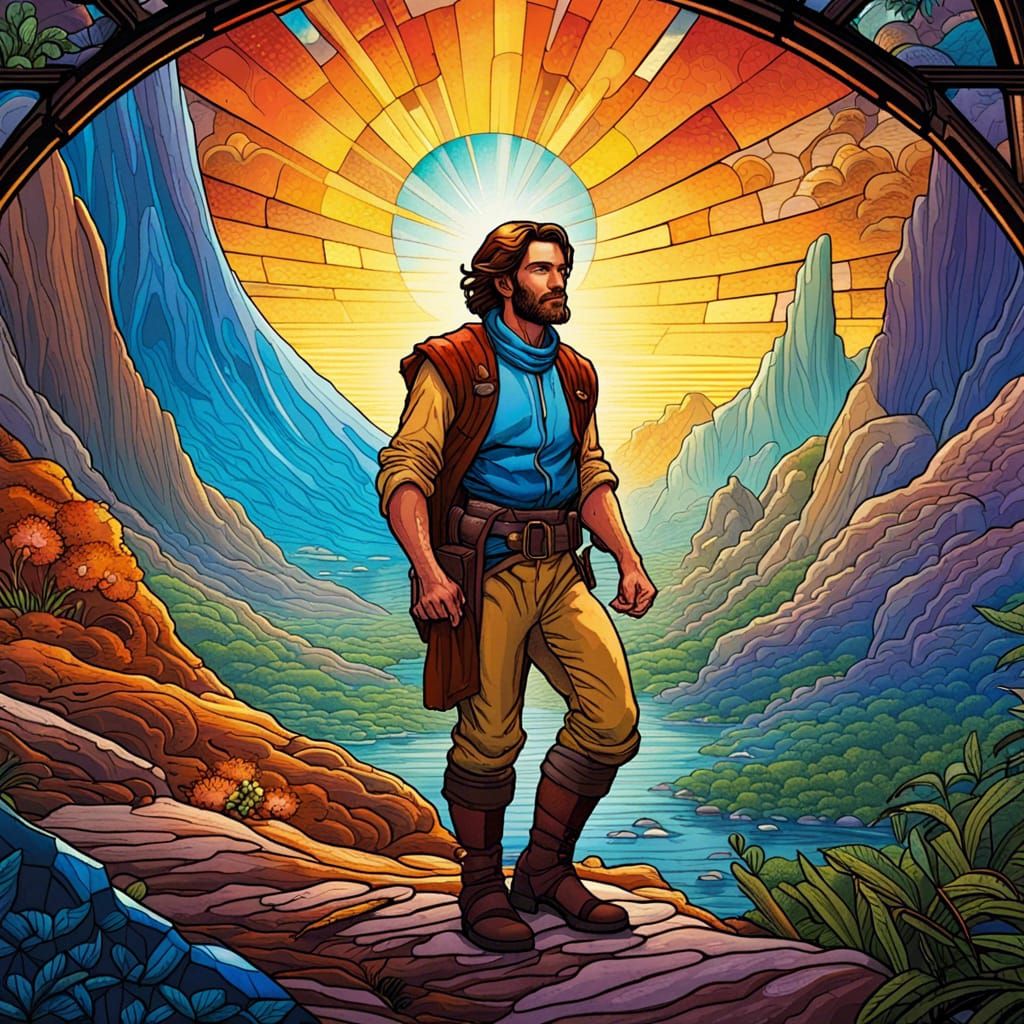Explorer on Alien Planet in Stained Glass Style