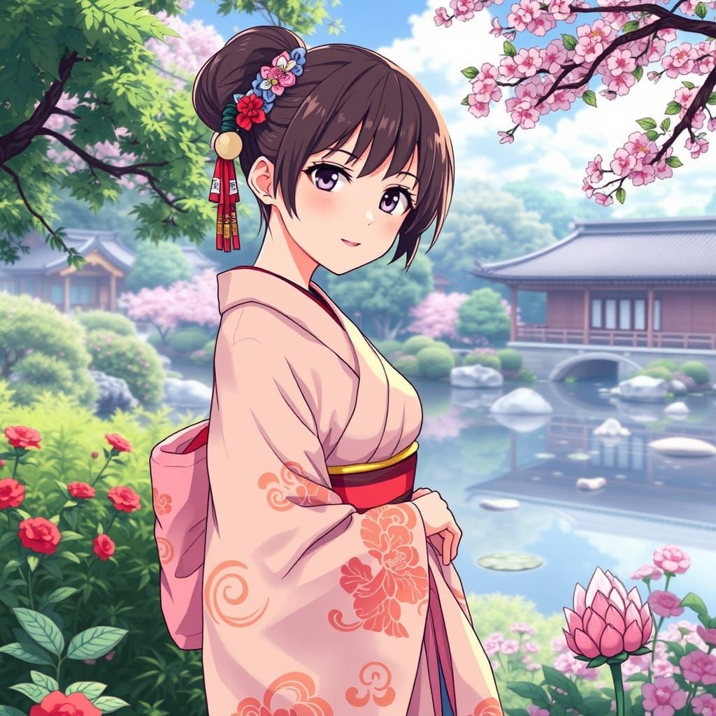 Anime Character in Kimono in Japanese Garden