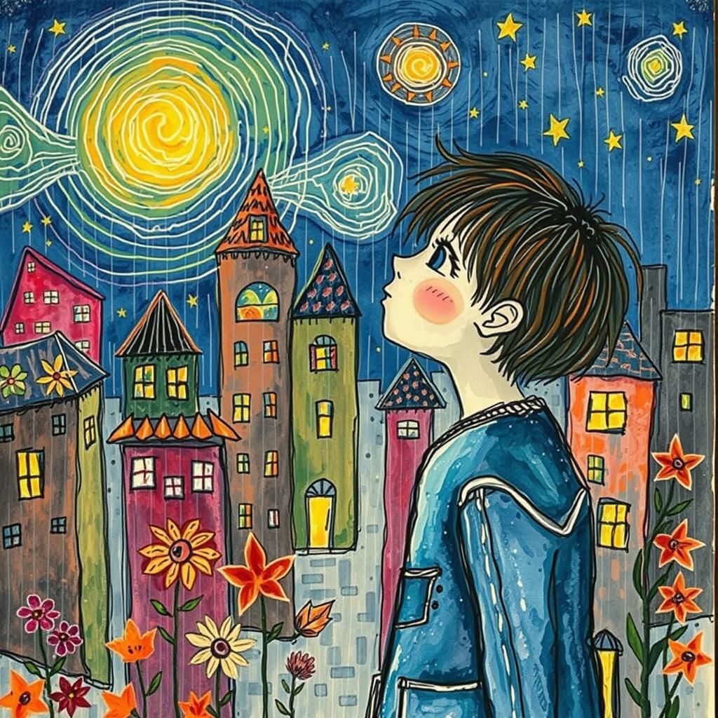 Child's Cosmic City Doodle in Crayon Style