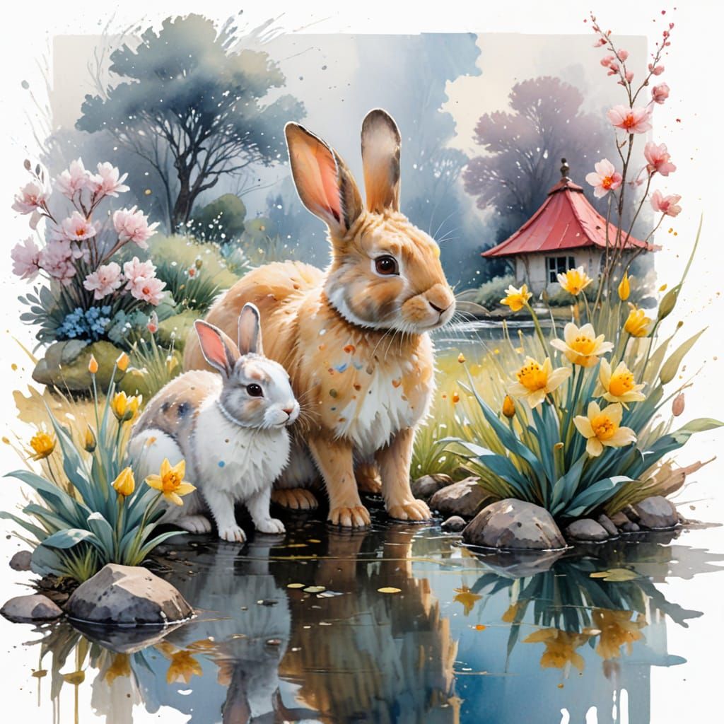 Rabbits Painting Petals by Brook in Watercolor Style