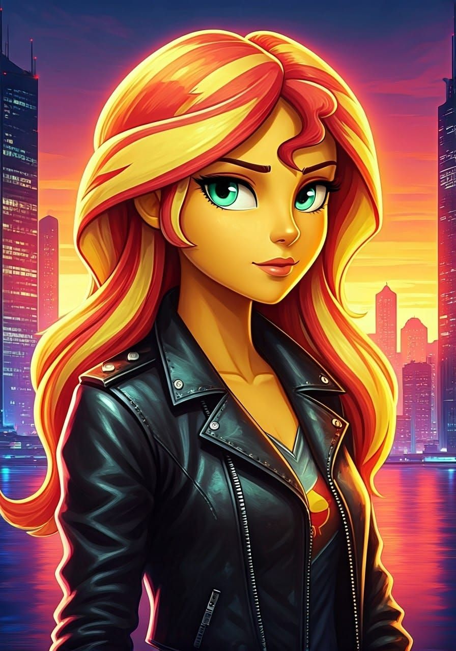 Cyberpunk Sunset Shimmer in Neon Cityscape