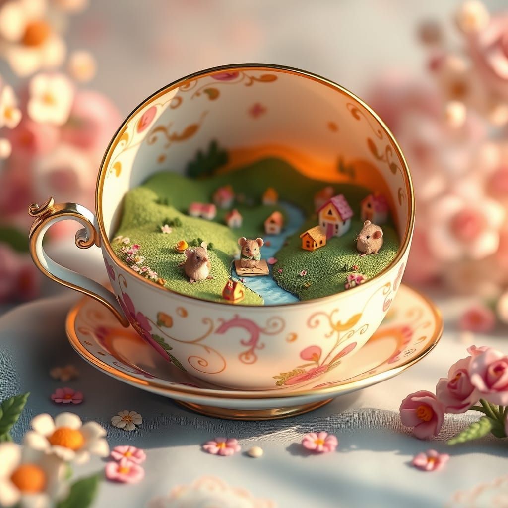 Miniature World Overflowing Teacup in Candy Art Style