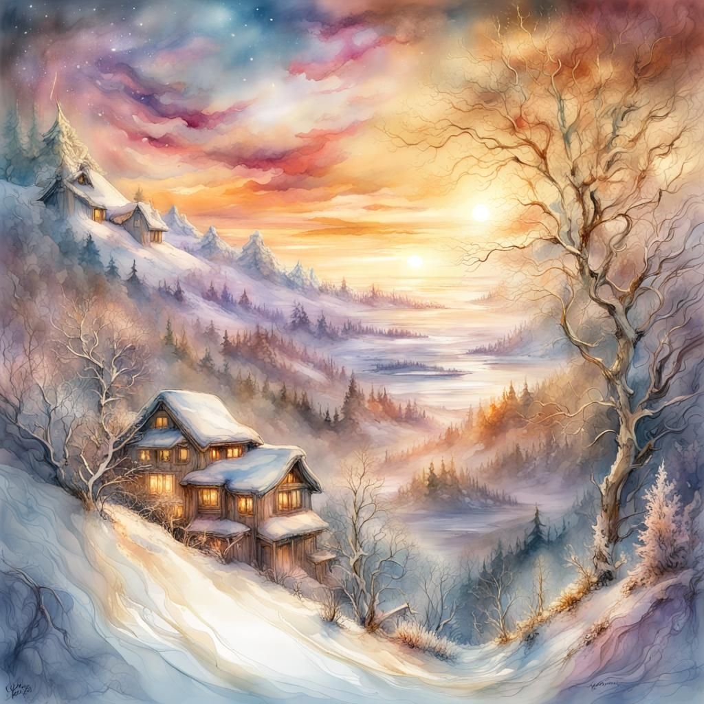 Winter Sunrise Digital Watercolor Illustration