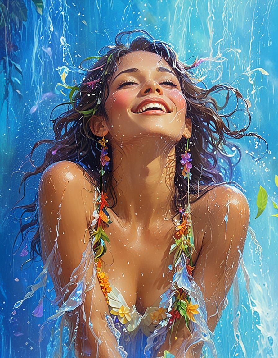 Hula Dancer Under Waterfall in Illustrative Style