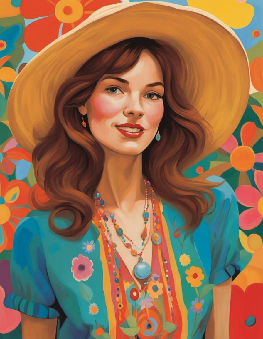 Free-Spirited Woman in Vibrant Psychedelic Landscape