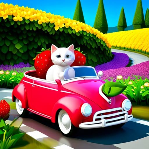 Kitten Drives Strawberry Car on Farm Road