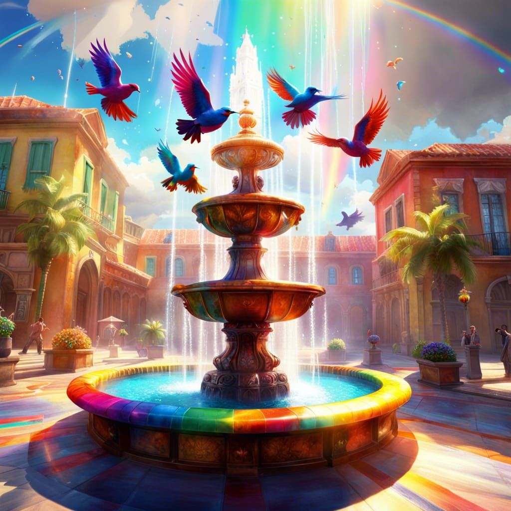 Colourful Marble Fountain with Birds, Digital Art