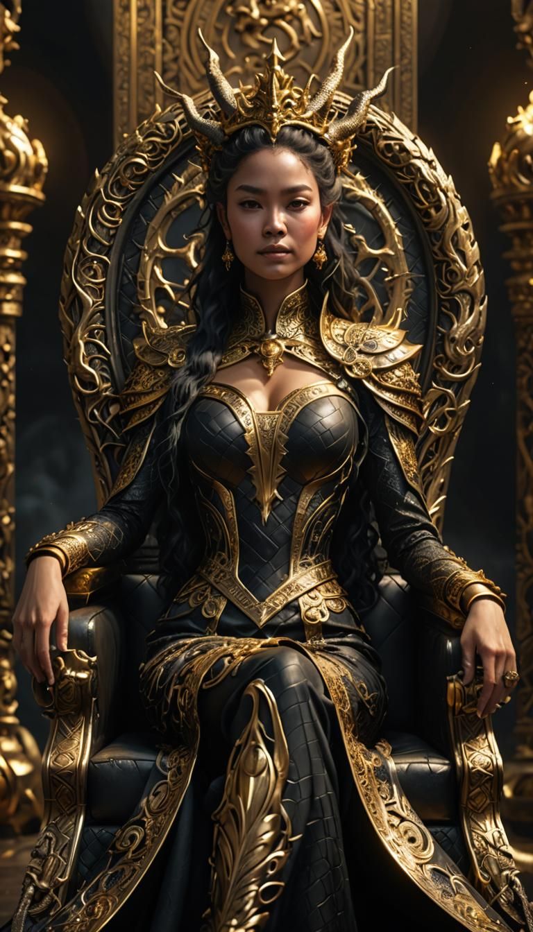 A very beautiful queen sitting on a black throne made of gol...