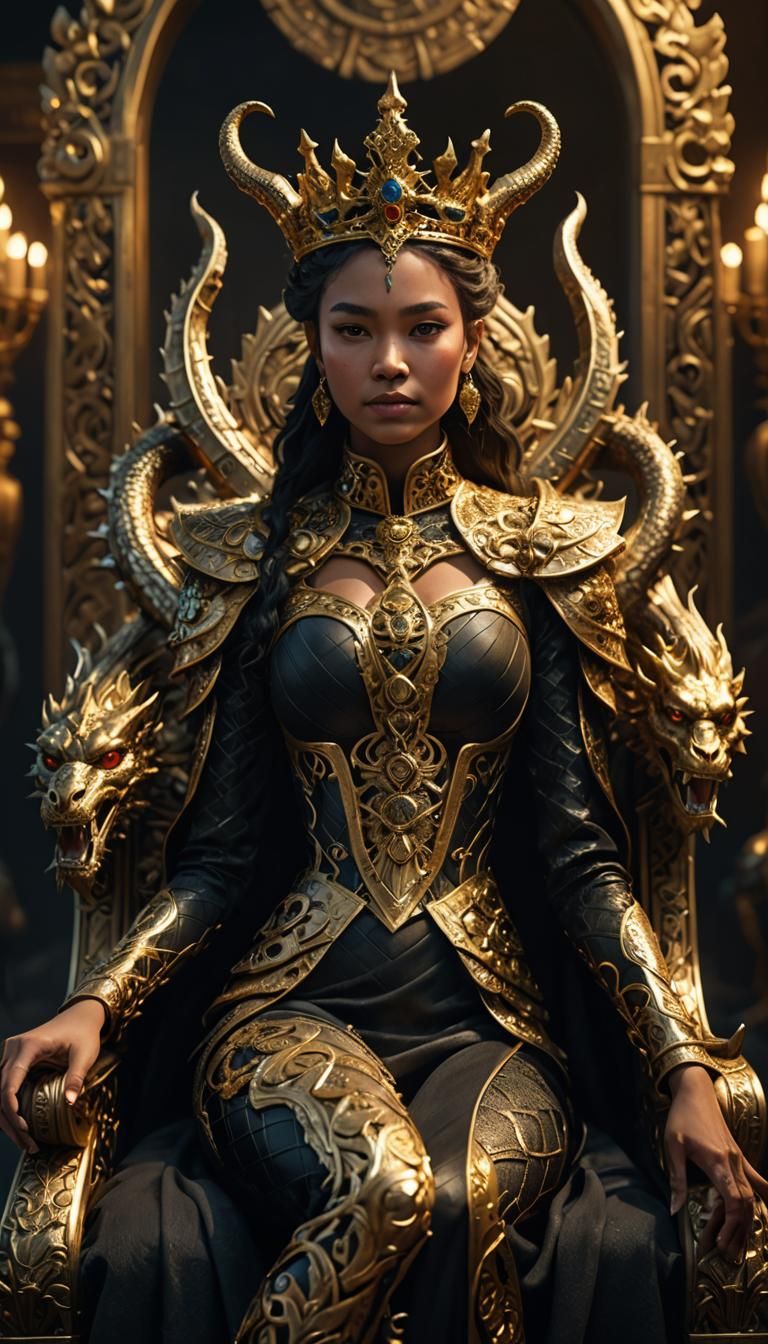 A very beautiful queen sitting on a black throne made of gol...