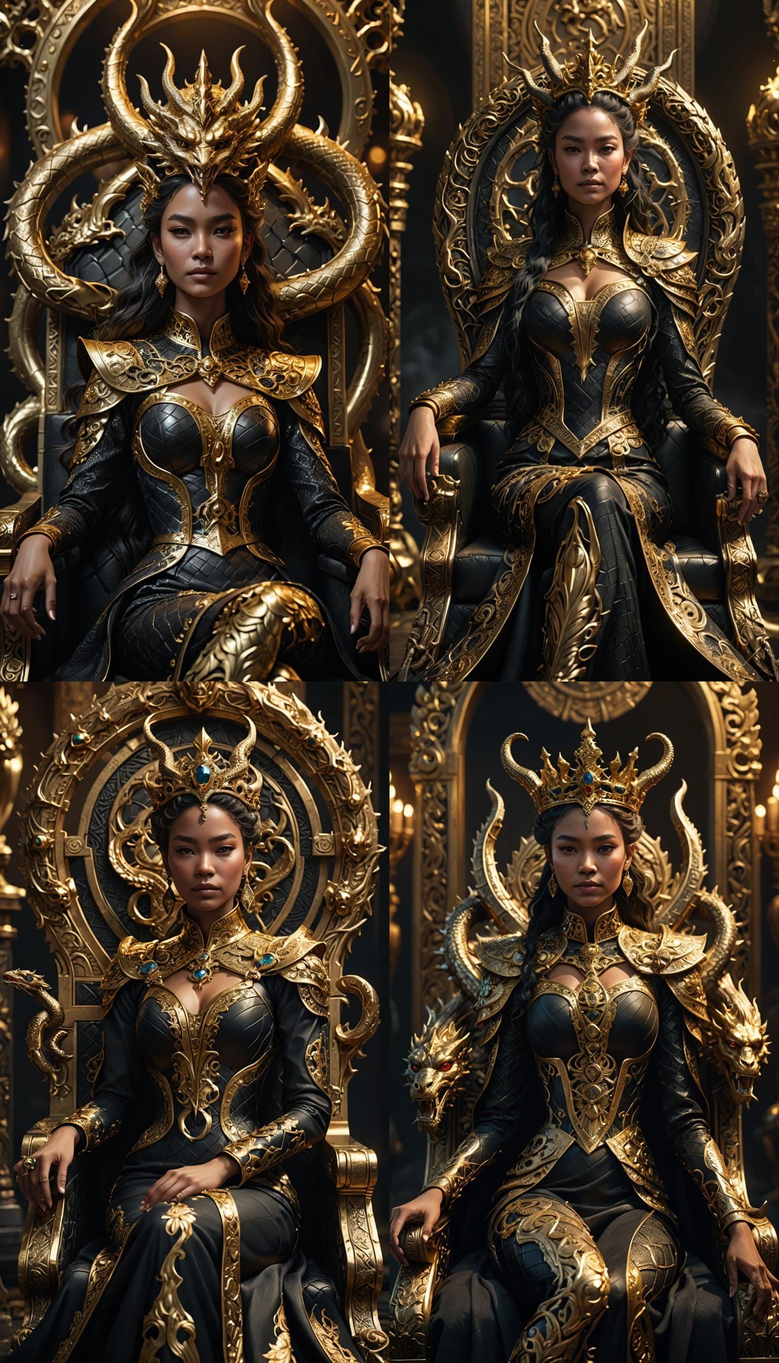 A very beautiful queen sitting on a black throne made of gol...