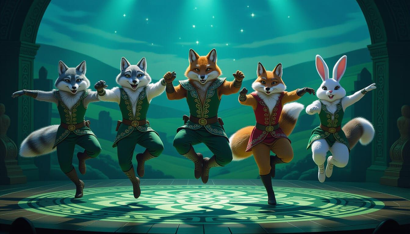 Celtic Animal Riverdancers on Emerald Lit Stage
