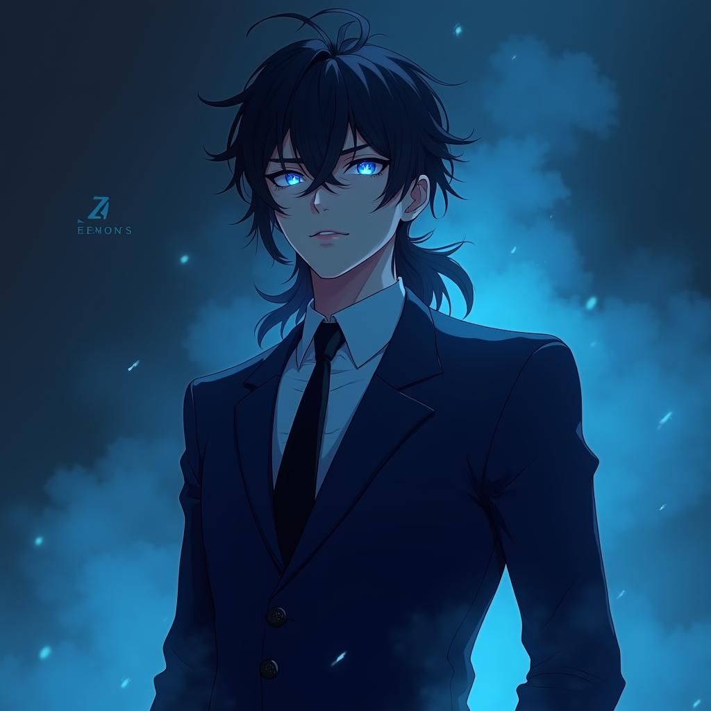 Anime-Inspired Young Man in Navy Suit, 8K Render