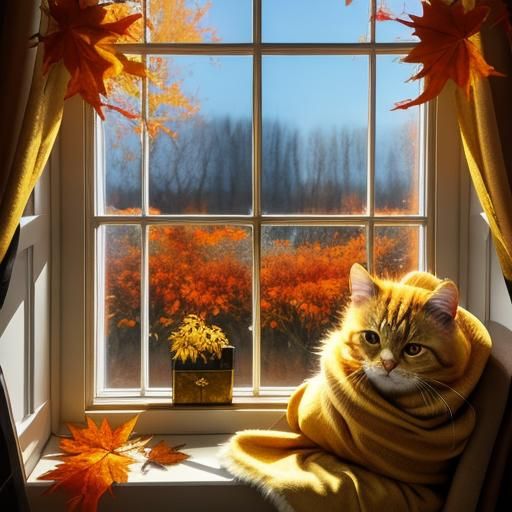 Contented Gold Cat Enjoys Autumn View