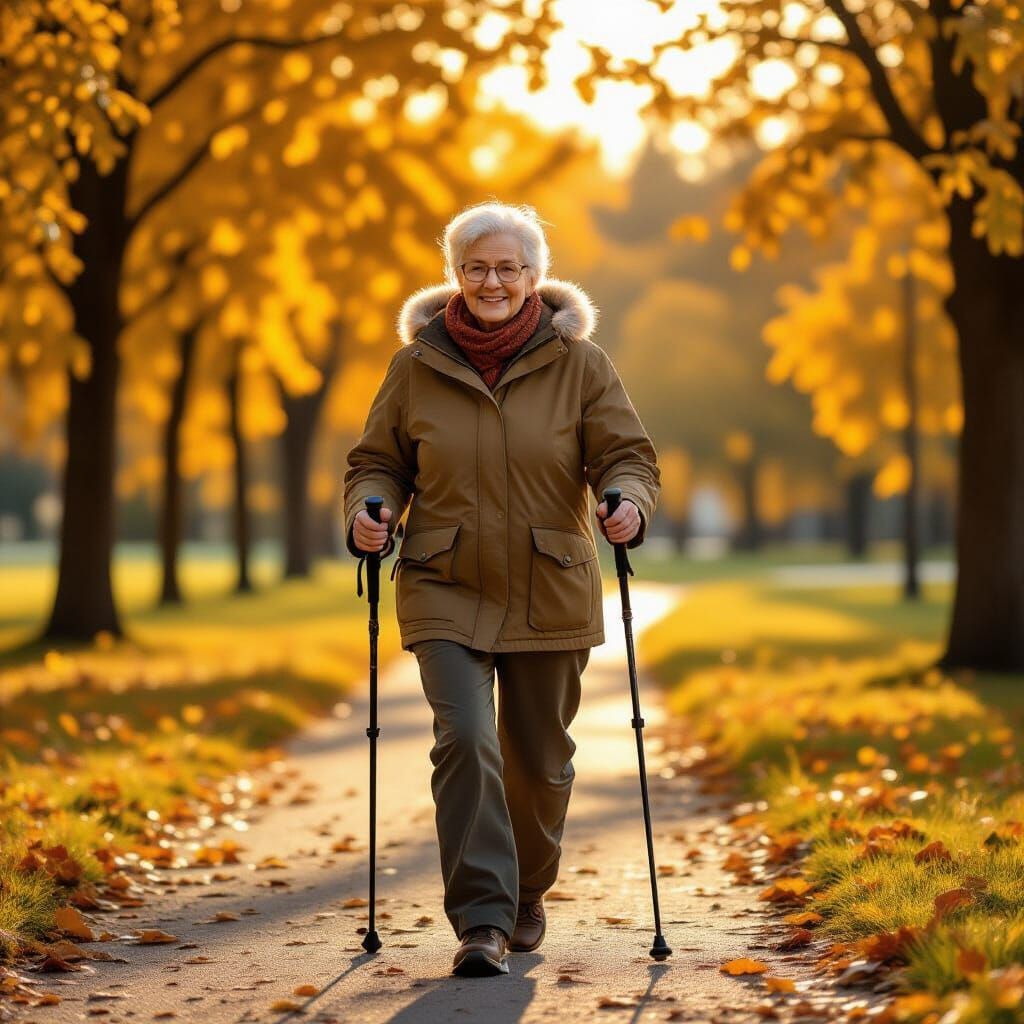 Elderly Person Nordic Walking for Brain Health in Sunny Park