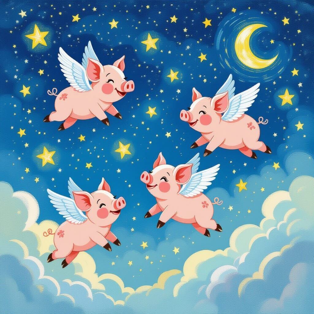 Whimsical Flying Pigs Under Dreamy Starry Skies