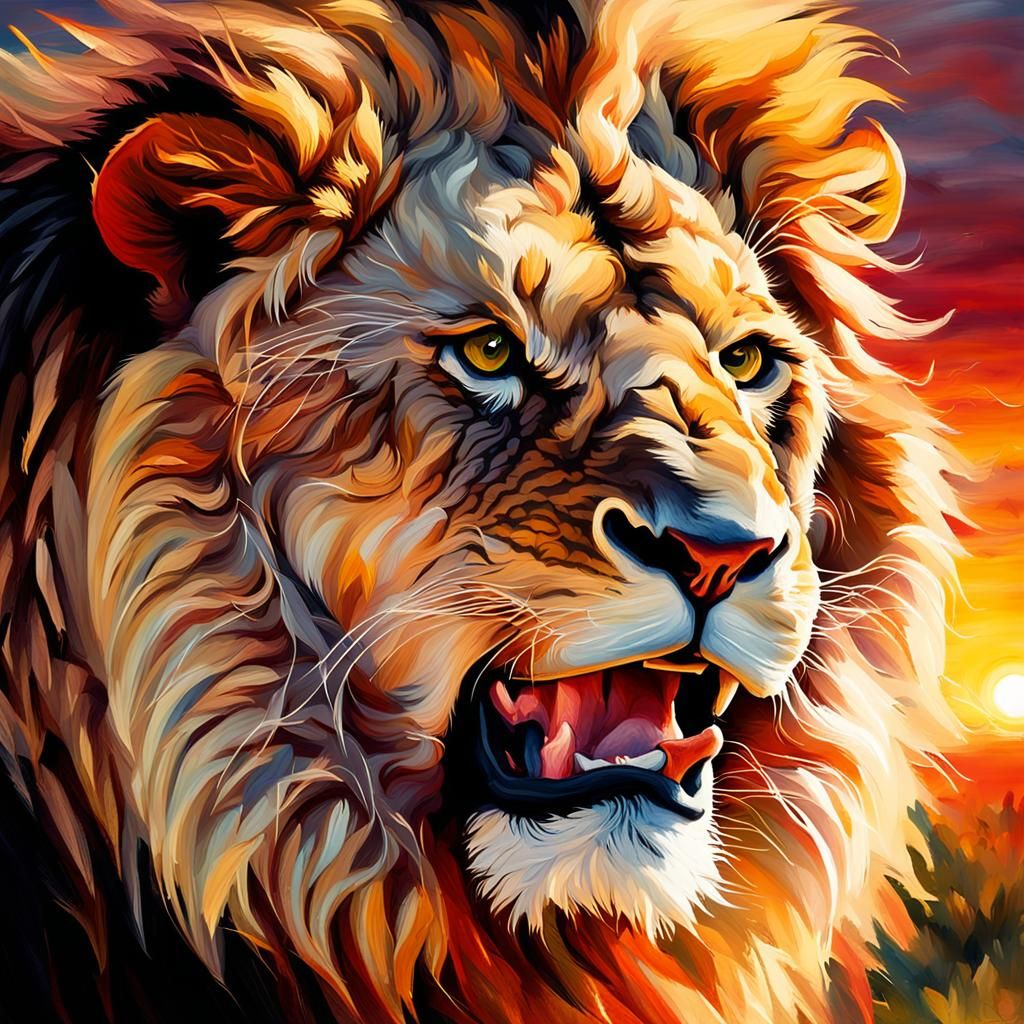 Roaring Lion at Sunrise: Vibrant Oil Painting