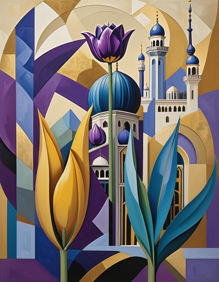 Abstract Cubist Tulip Beside Mosque