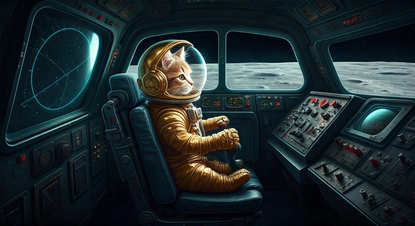 Kitten in Futuristic Lunar Landing Module Piloting with Retr...