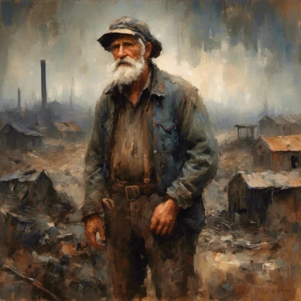A portrait of an old coal miner in the 19th century