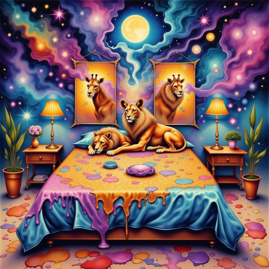 Surreal Bed with Giraffe Posters in Digital Watercolor